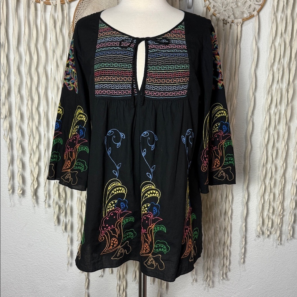 XCVI Black Boho Bell Quarter Sleeve Embroidered Blouse Size M